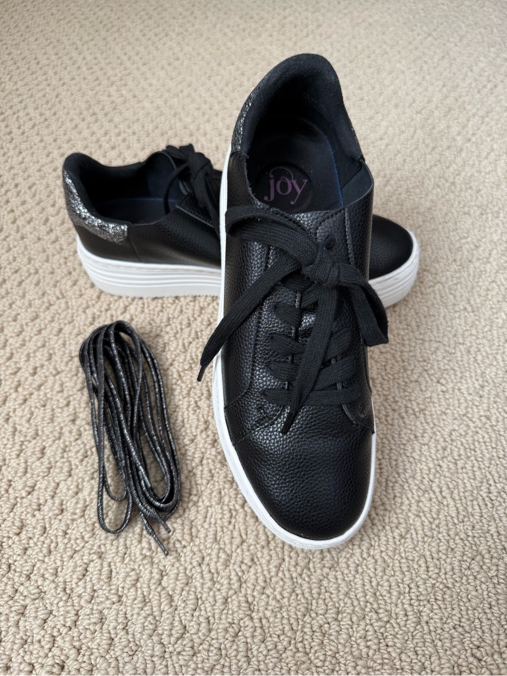 Joy Mangano Black Platform Sneakers with White Sole and Silver Glitter Heel